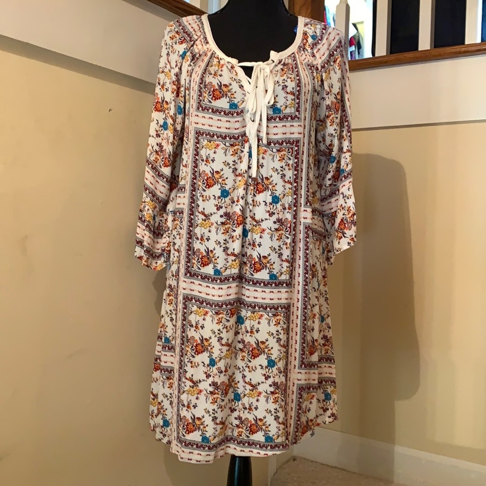 Anthropologie Anama Floral Boho White Blue Gold Burgundy Midi Dress Sz Small